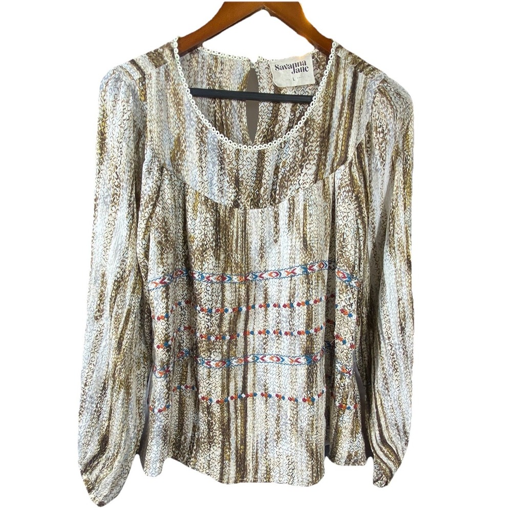 Savanna Jane Top Large Colorful Embroidered Boho Long Sleeve Artsy Festival Boho